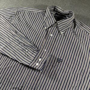 Vintage Faconnable Shirt Men Medium Blue Brown Stripe Relaxed Button Long Sleeve